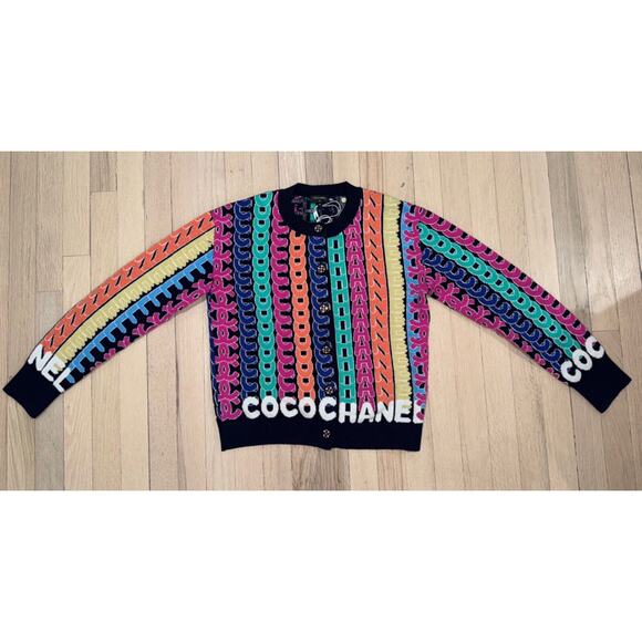 Chanel 21K Blue Rainbow Letter Logo CC Button Long Sleeve Cardigan Sweater 36 - Picture 3 of 15